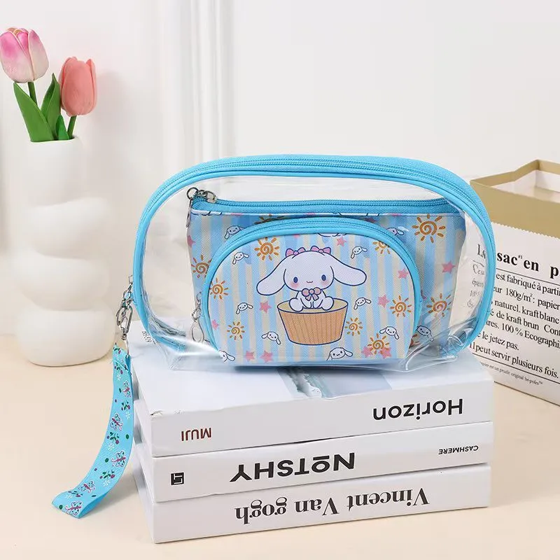 Borsa per il trucco Kawaii Hello Kitty Cartoon Versatile Pu Set da tre pezzi Palmare portatile Accessori da donna Commercio all'ingrosso di stoccaggio da viaggio