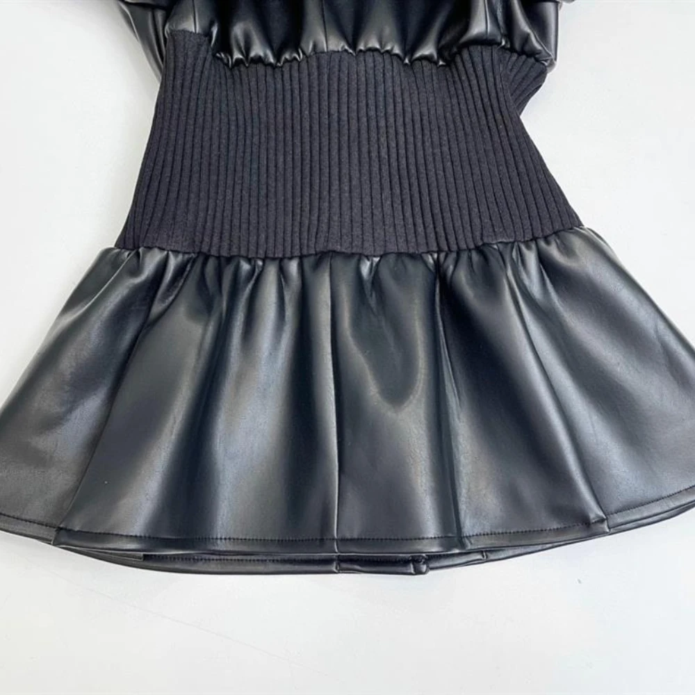 Couro do plutônio emendado tecido elástico outono inverno feminino blazer botão punhos camisa gola roupas único breasted fino blazers