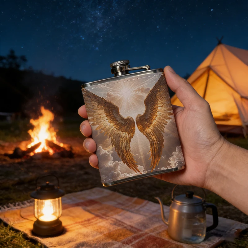 Portable 8oz Liquor Flask with Divine Angel Wings Art Print 304 Stainless Steel Leak-Proof Pocket Flask for Party Outdoor Campin