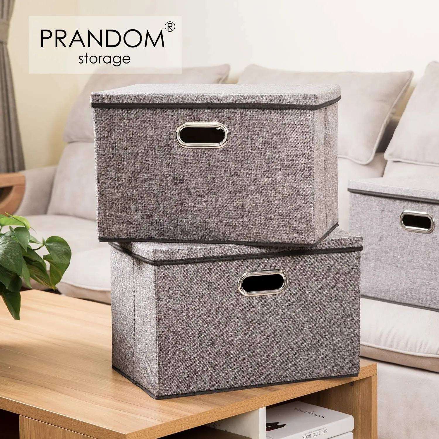 PRANDOM Large Collapsible Storage Bins with Lids [3-Pack] Linen Fabric Foldable Storage Boxes Organizer Containers