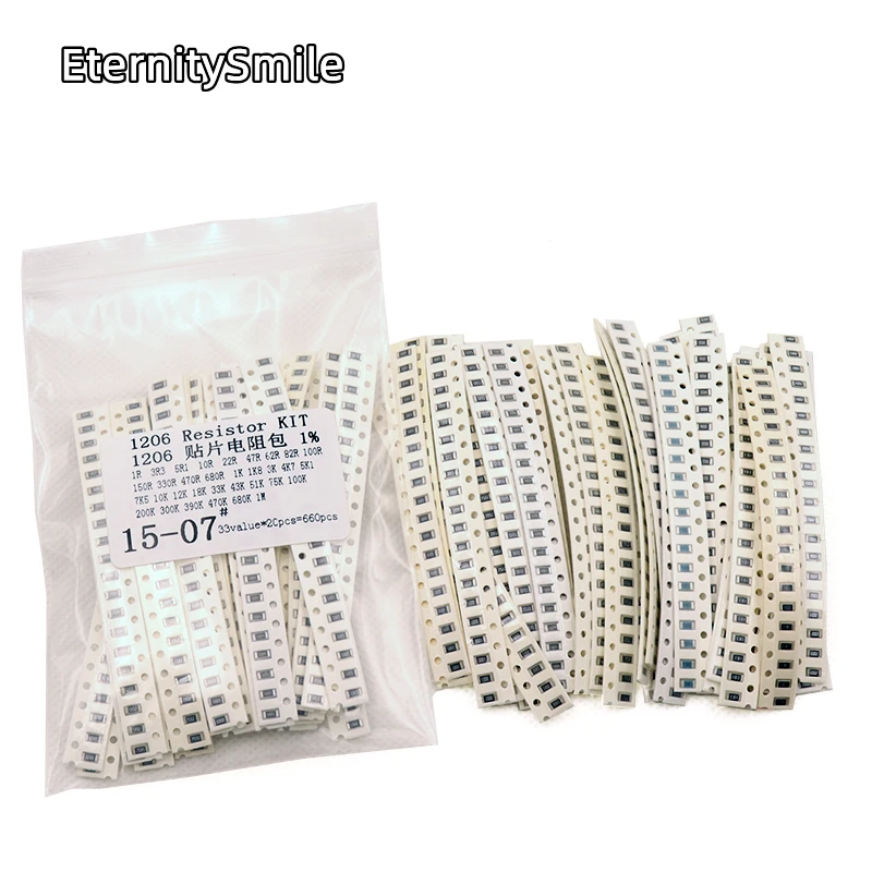 

33 20pcs valuesX = 660pcs 0603 0805 1206 Kit Resistor Assorted 1R para 1M ohm 1% Kit Amostra SMD DIY 3.3R 5.1R 10R 47R 62R 82R 1