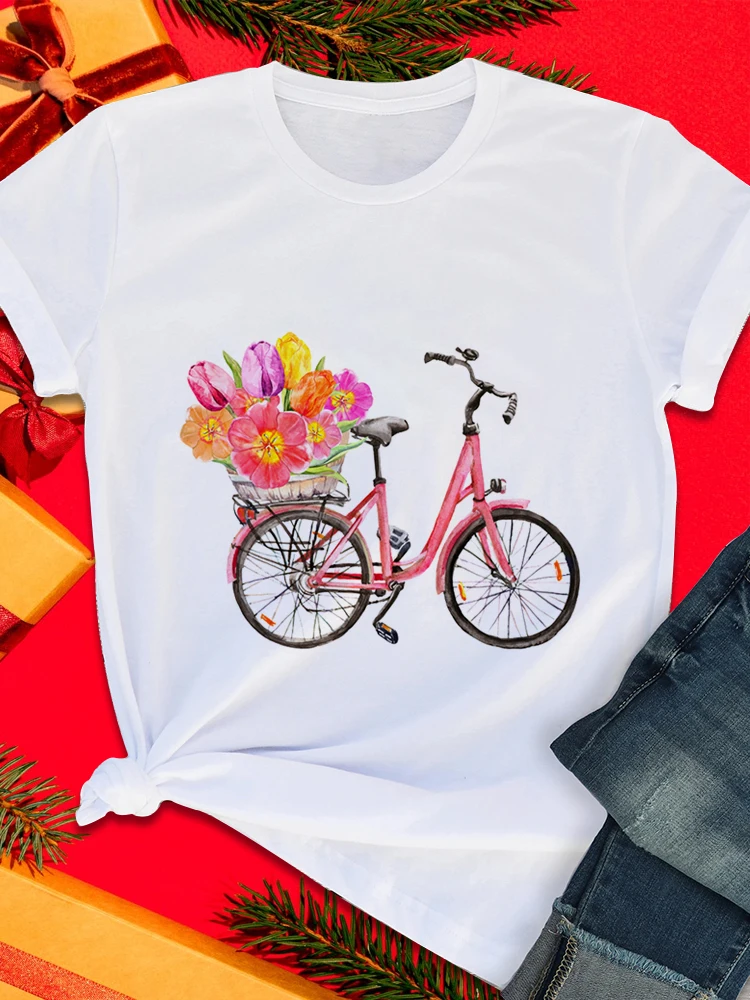 New T-shirts For Women Summer Short Sleeve Graphic Bike Print T-shirt Women Korean Fashion Tee Bicycle Printing Cycling Tshirt