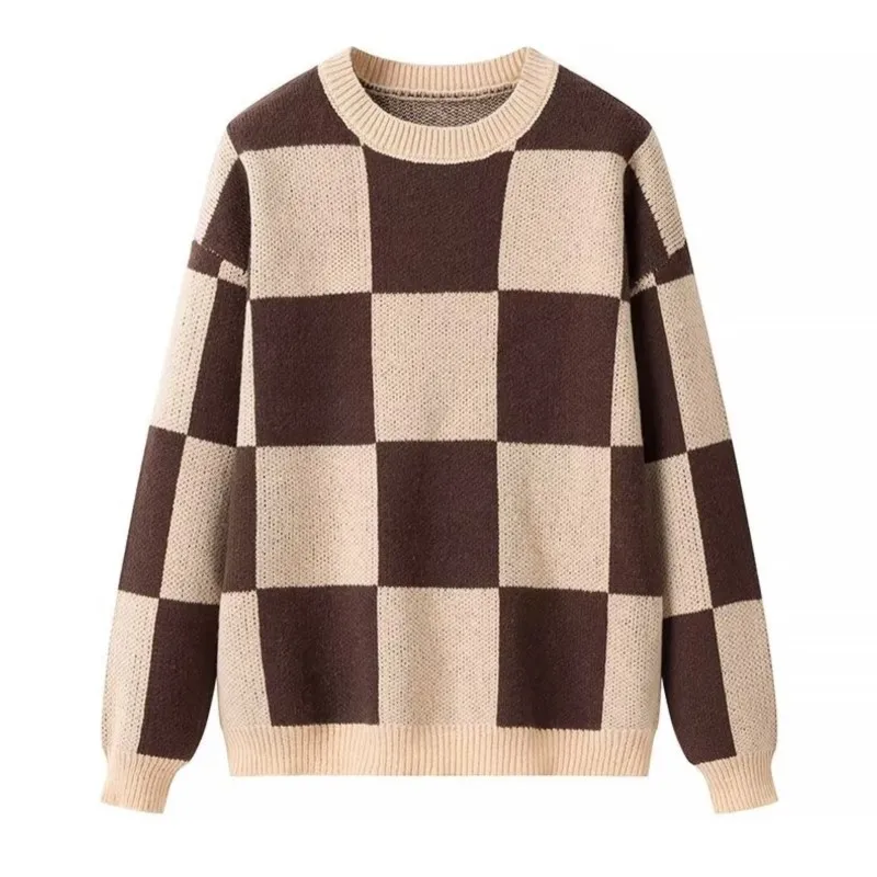 Women's Casual Sweater Tops 2026 Winter New Fashion O-neck Long Sleeve Checkerboard Loose Knitted Sweater For Women Clothing