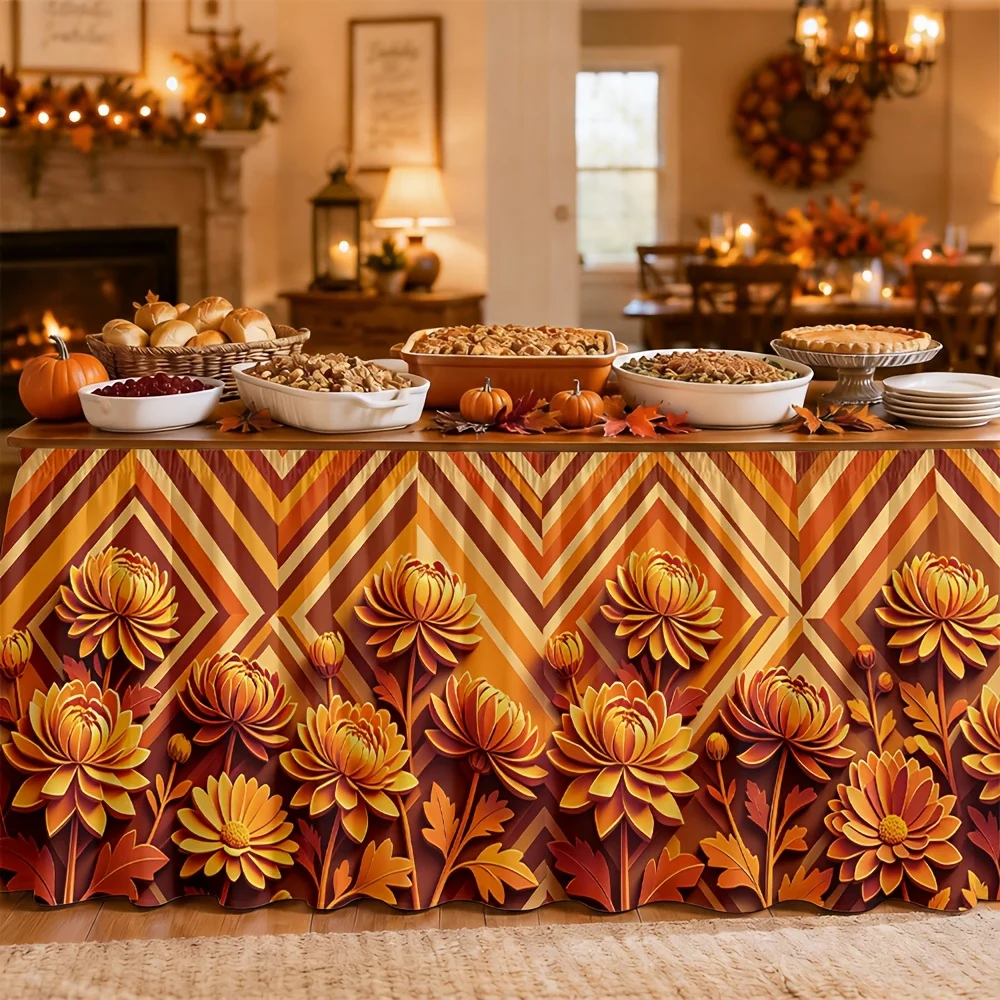 Tablecloth with geometric lines and chrysanthemum pattern. Autumn decoration. Thanksgiving. Halloween. Party.xzj