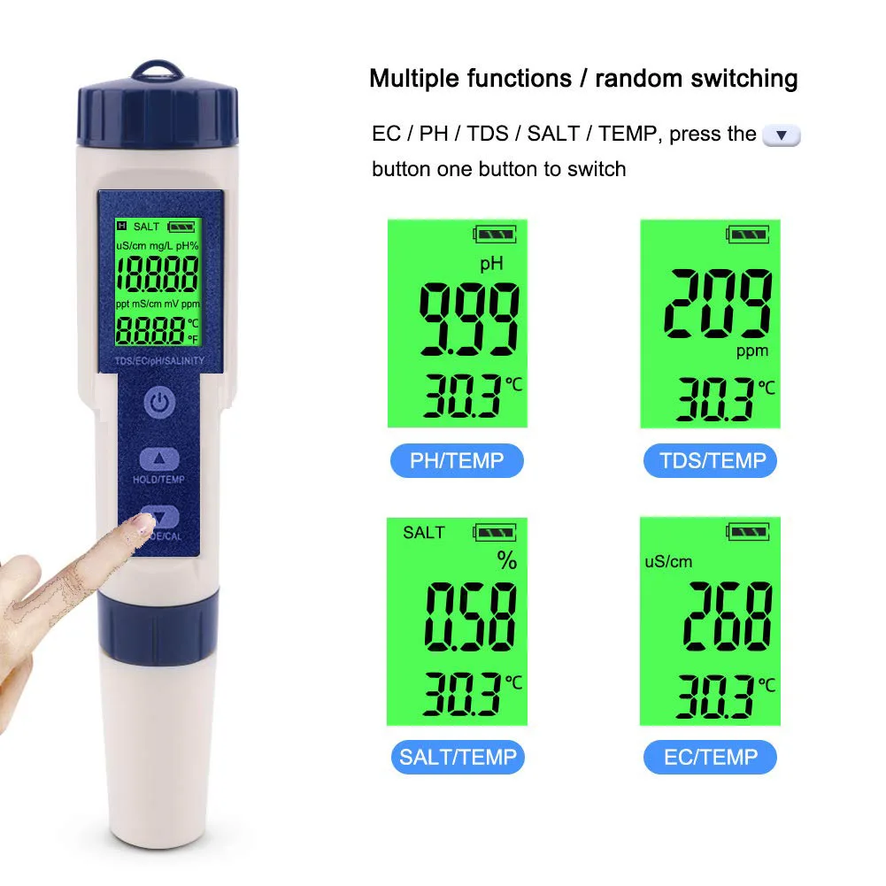 5 IN 1 PH Temperature TDS EC Salinity Meter Digital Waterproof With Automatic Calibration Function Water Quality PH Tester