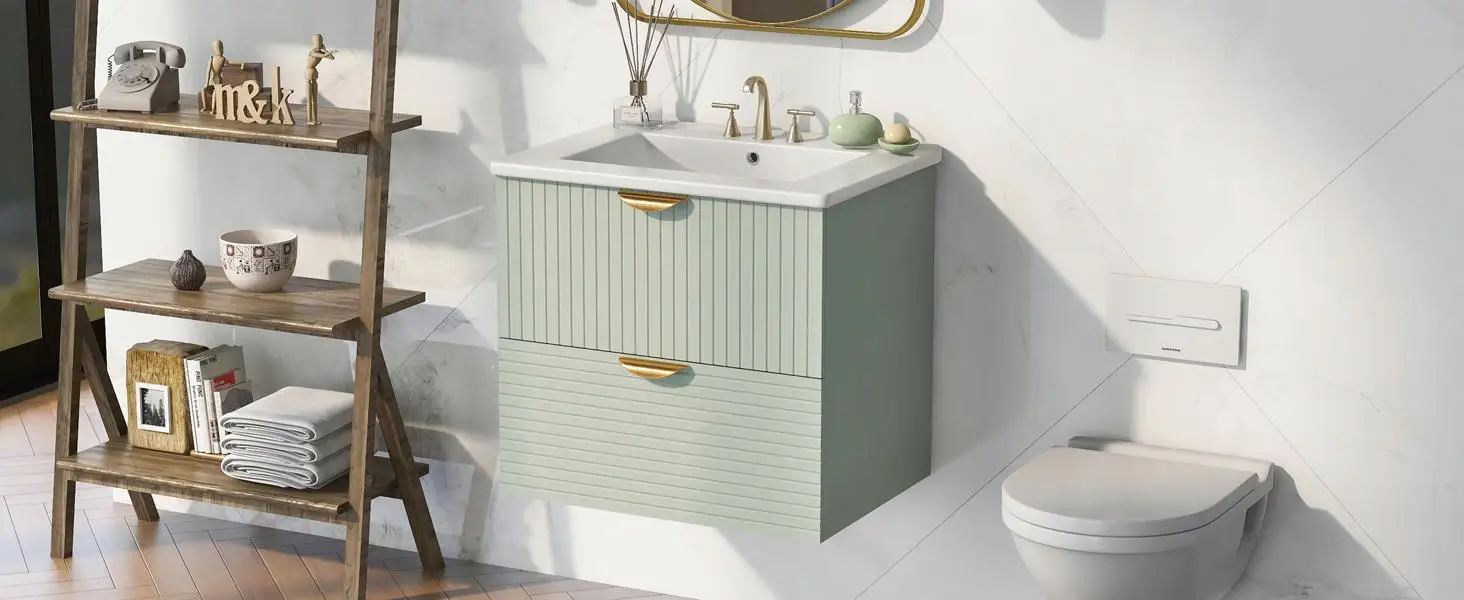 Stylish 24-Inch Green Wall-Mounted Bathroom Vanity with 2 Drawers - Perfect for Compact Spaces