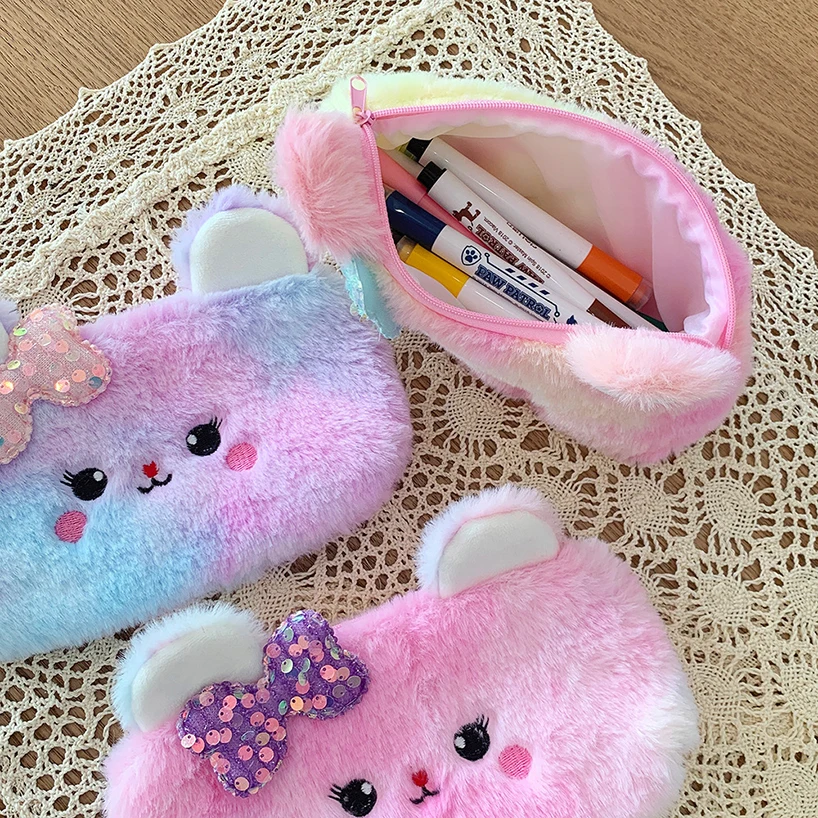 Colorful Pencil Case Plush Pencil Cases For Girls Trousse Cute Bow Kalemlik School Supplies Estuche Escolar Pencil Pouch