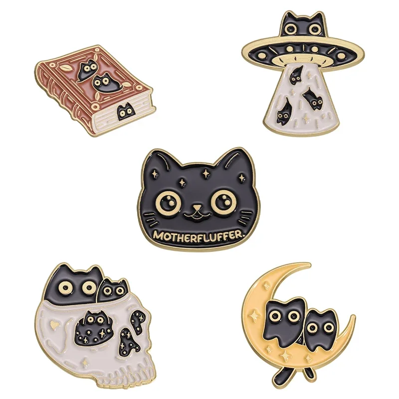 Cartoon Black Cat Enamel Pin Brooch Moon Book Astronaut Kitten Jewelry Lapel Backpack Badge Metal Custom Accessories Friends