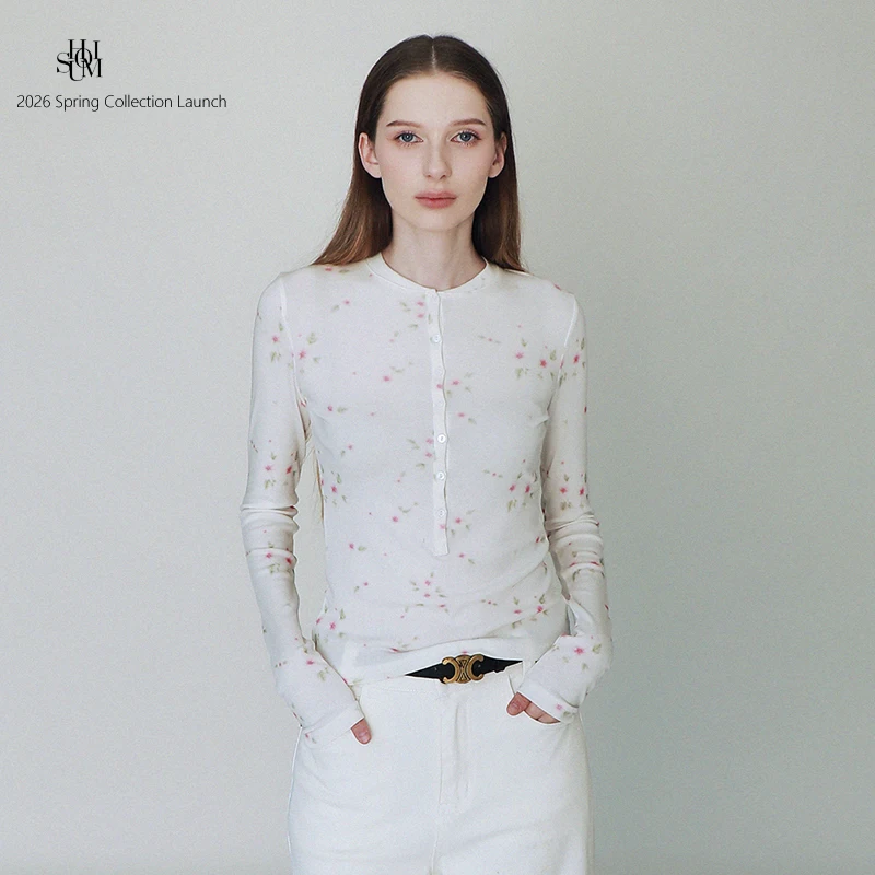 

Женская футболка Shuomi в американском стиле с длинным рукавом, цветочным принтом, из лиоцелла и шерсти, приталенная, с воротником хенли, для активного отдыха и йоги