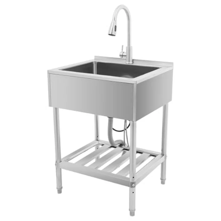 

Single Bowl Stainless Steel Laundry Sink with Stand 25 Commercial Sink with Faucet Supports up to 220LBS Includes Storage Shelf