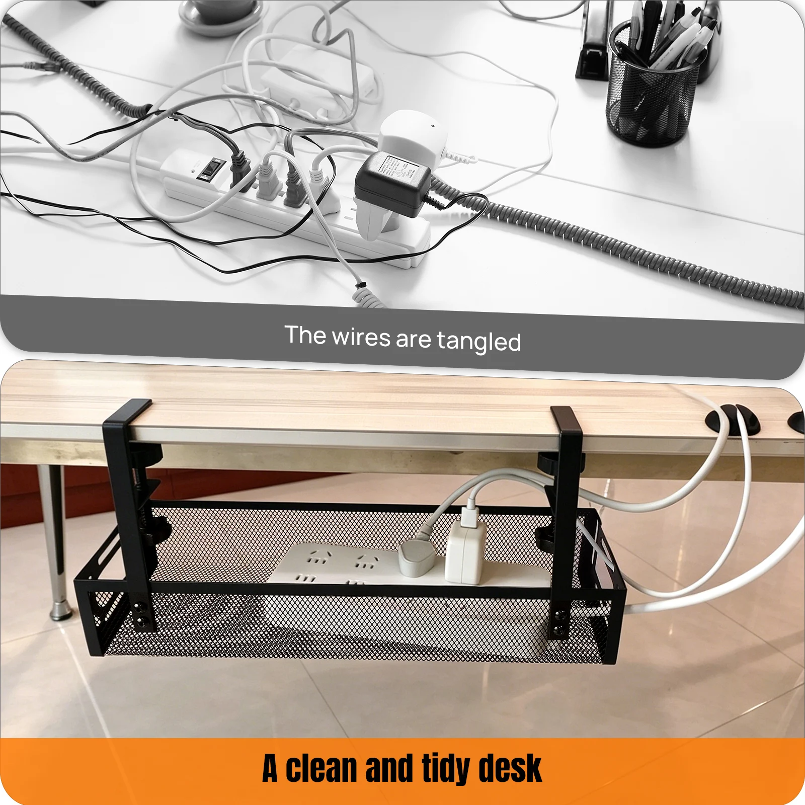 Organisateur de câbles à fixer sous le bureau, sans perçage, en métal, avec pince de maintien, 40 cm. Le système de gestion des câbles sous le bureau est adapté aux bureaux dont l’épaisseur se situe entre 0,4 et 2 pouces.
