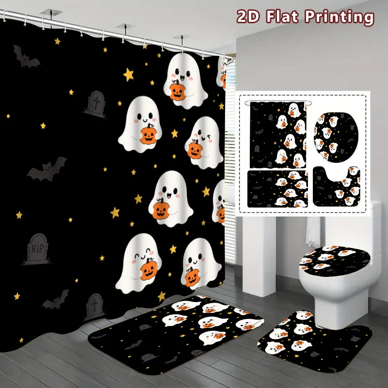 4pc 2D Flat Cute Ghost Halloween Shower Curtain Set, Black Background with Lovely Ghosts, Pumpkins & Bats, Home Bathroom Decor