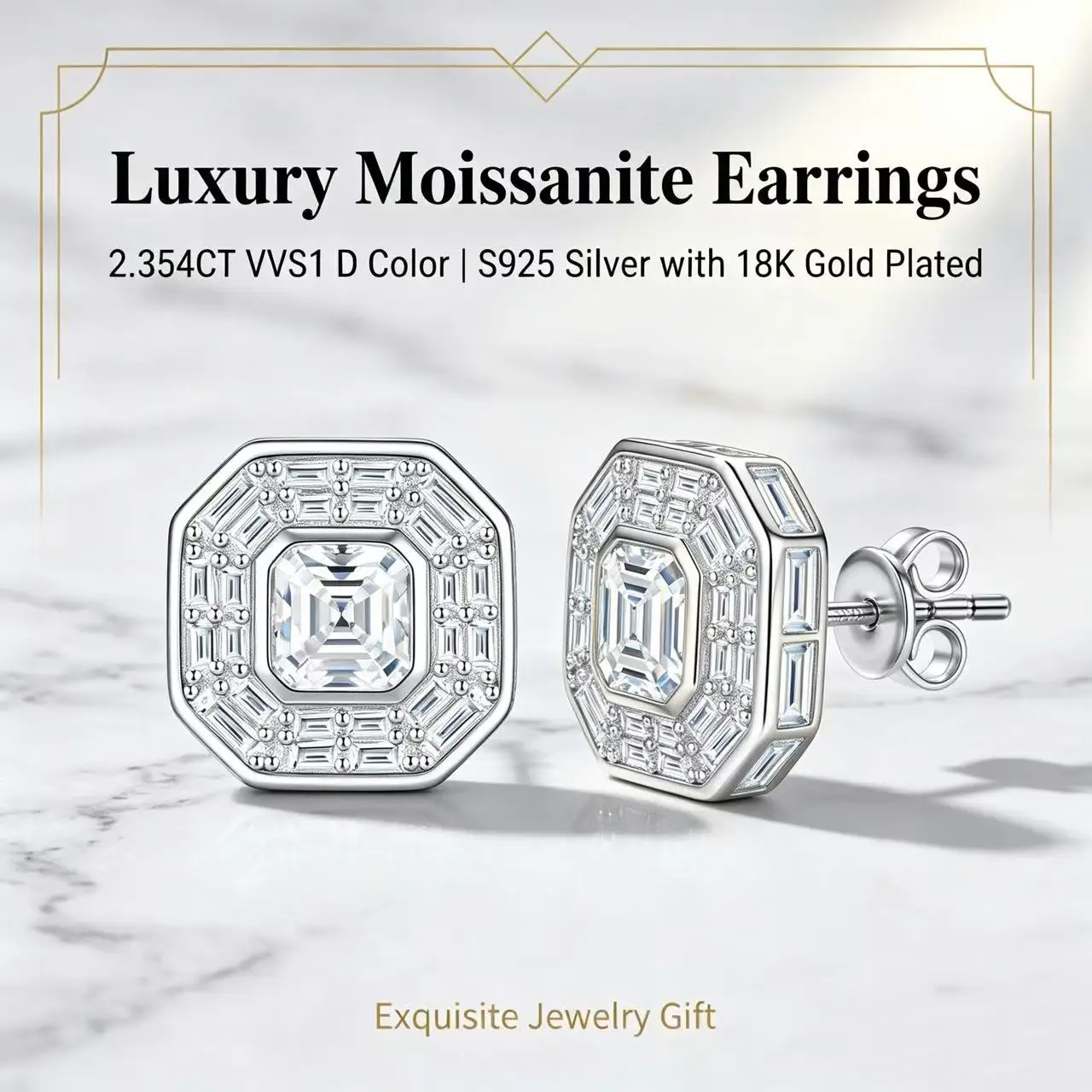 S925Silver Octagonal Moissanite Stud Earrings for Women,2.354CT VVS1 D‑Color Halo Square 18kGold Plated Luxury Fine Jewelry Gife