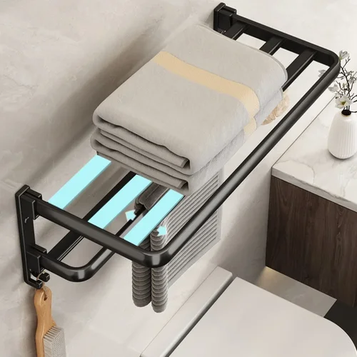 Imagen 2 del producto Toallero negro de 40-60CM, soporte de baño móvil plegable doble con gancho, barra de ducha de aluminio para pared, colgador, accesorios de baño