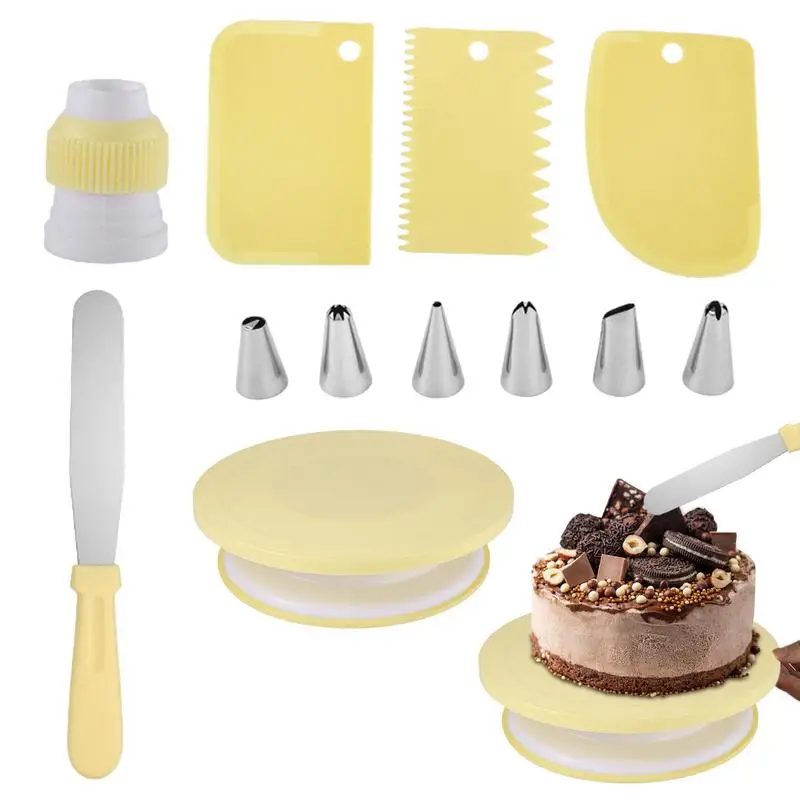 Cake Decorating Kit Food-Grade Cake Decorating Stand Smooth Silent Rotation 6 Icing Piping Tips 3 Icing Comb Scrapers 1 Spatula