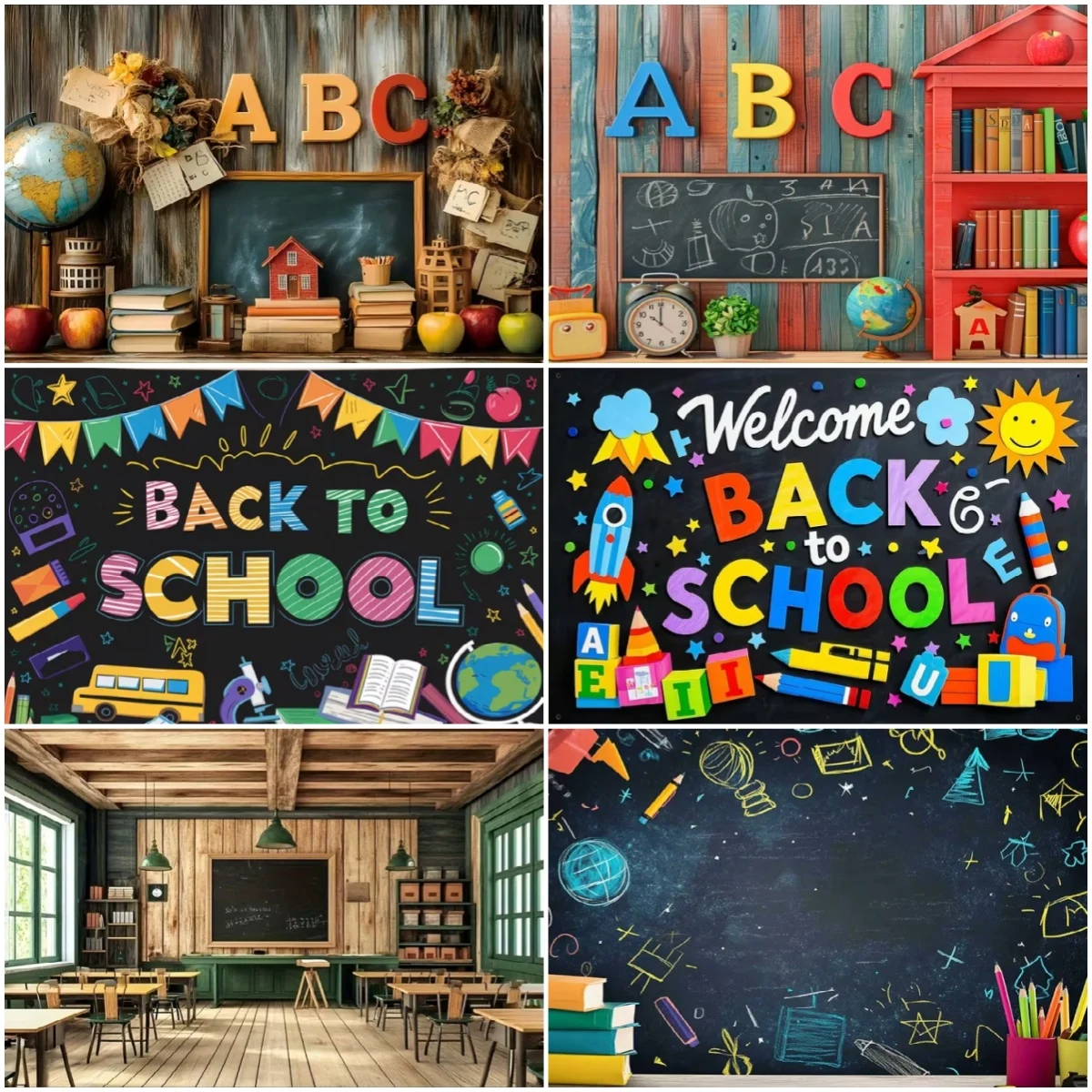 

Welcome Back To School Backdrop Blackboard Chalk Figure Scene Children Graduation Party Decoration Background Photography Props