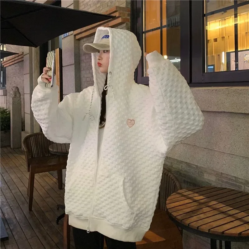 

Autumn Winter New Waffle Women Jacket Coat Sweatshirts Korean Fashion Harajuku Loose Zip Up Hoodie Hoodies Y2k Streetwear Women
