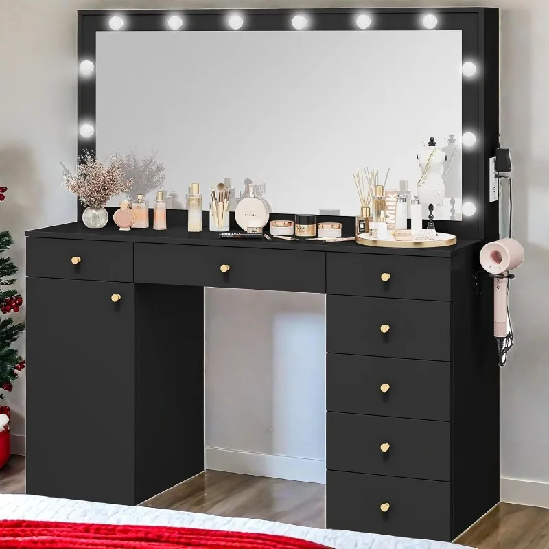 56'' Makeup Vanity with Mirror and Lights, Large Desk 12 LED Hollywood 7 Drawers, Cabinet, Power Outlet, 3 Light Modes