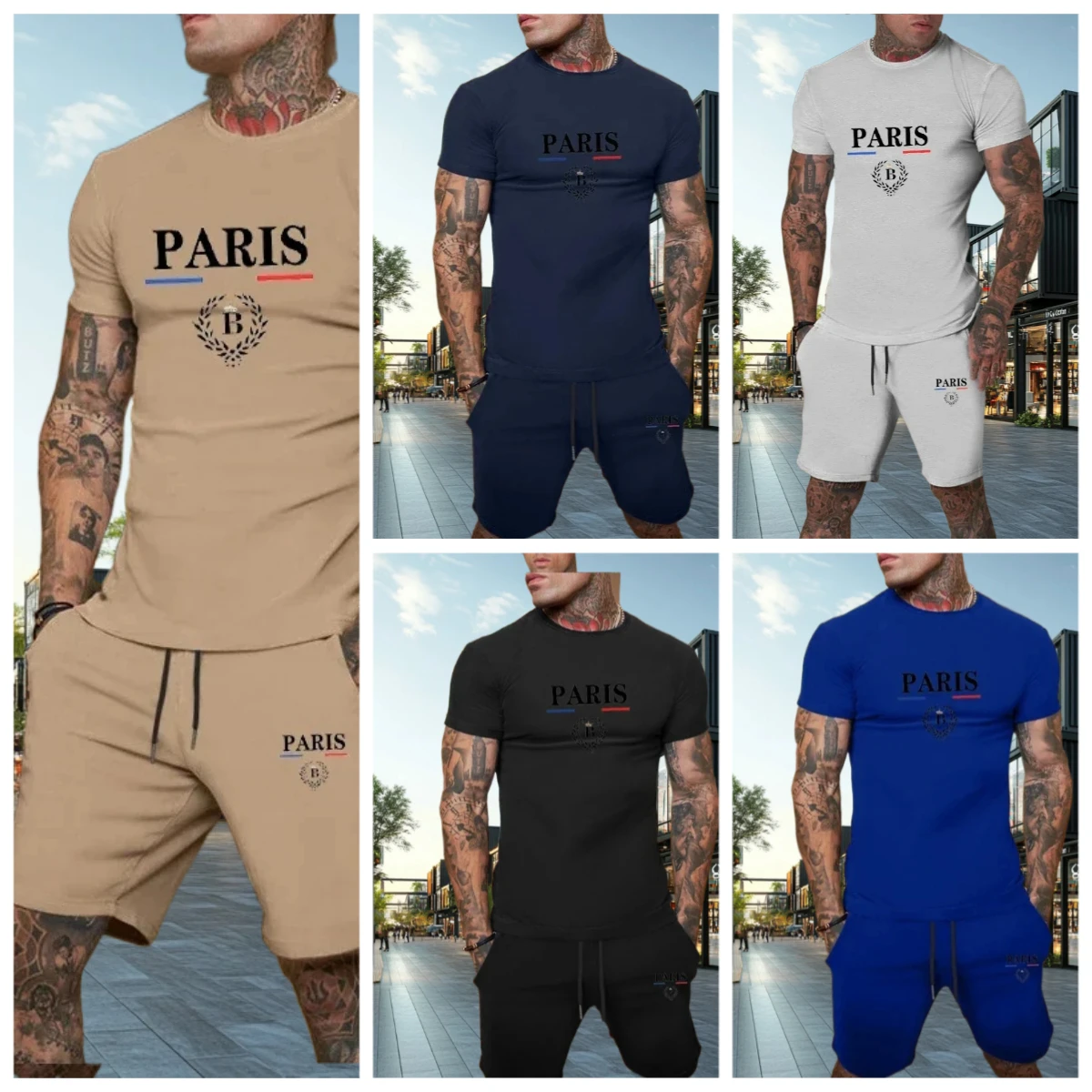 

25/26 New Summer Set Men's T-shirt Trendy American Street Printed Round Neck Men's Set Trendy Handsome Sports Two Piece Set