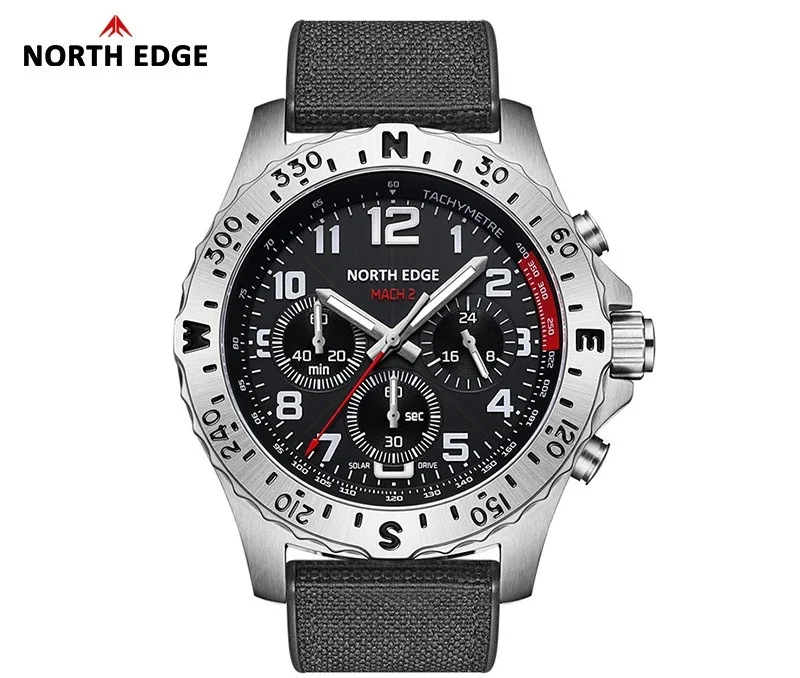 

NORTH EDGE MACH 2 Solar Power stainless steel Case Quartz Watch For Men Pilot Waterproof 50M Stopwatch Men's Watches