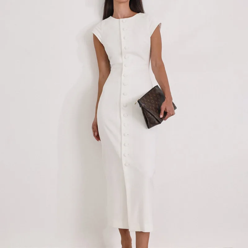 

Elegant Single Breasted Vest Style Dress Solid Color O Neck Slim Fit Flying Sleeve Dress Fashion Women's Commuting Bag Hip Dress