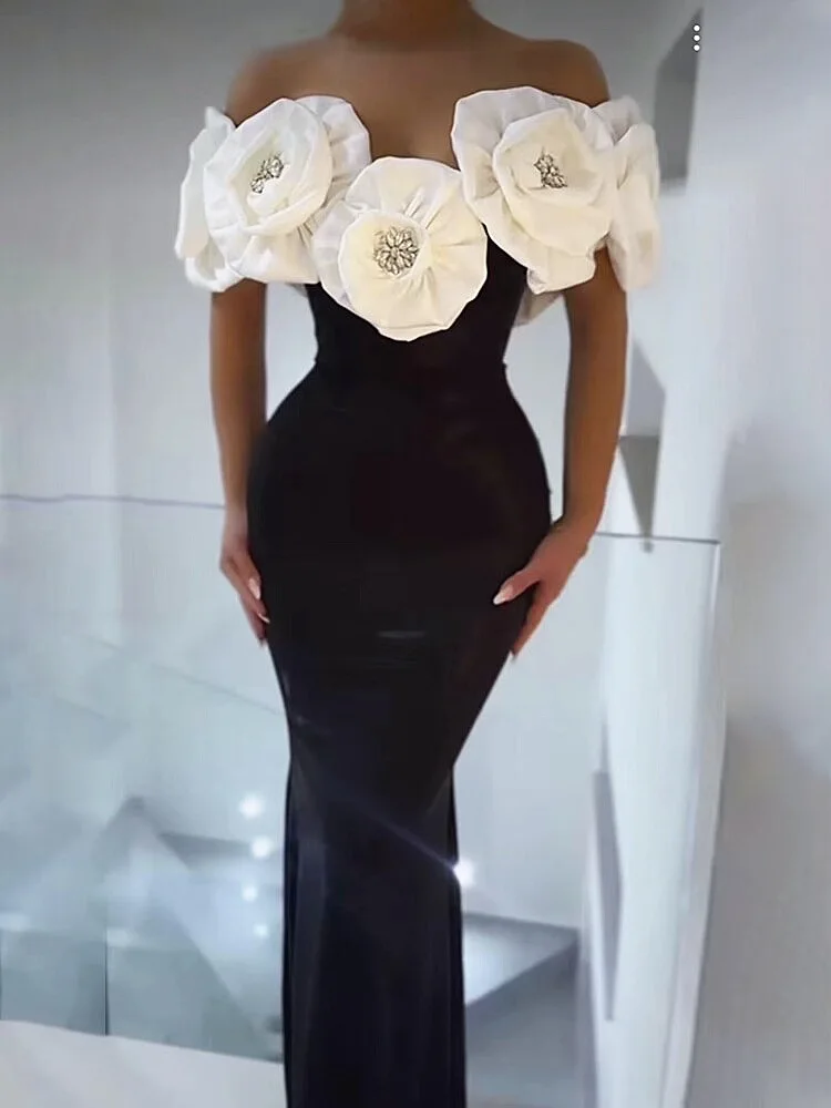 Women's 3D Larger Flower Embellished Off-the-shoulder Short Sleeve Hip-wrapped Long Back Slit Bodycon Evening Gown Dress