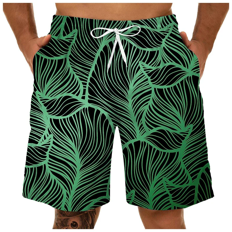 Calções de praia havaianos coloridos com estampa 3D masculino, calção de surf secagem rápida, padrão plantas tropicais, calção de verão, casual