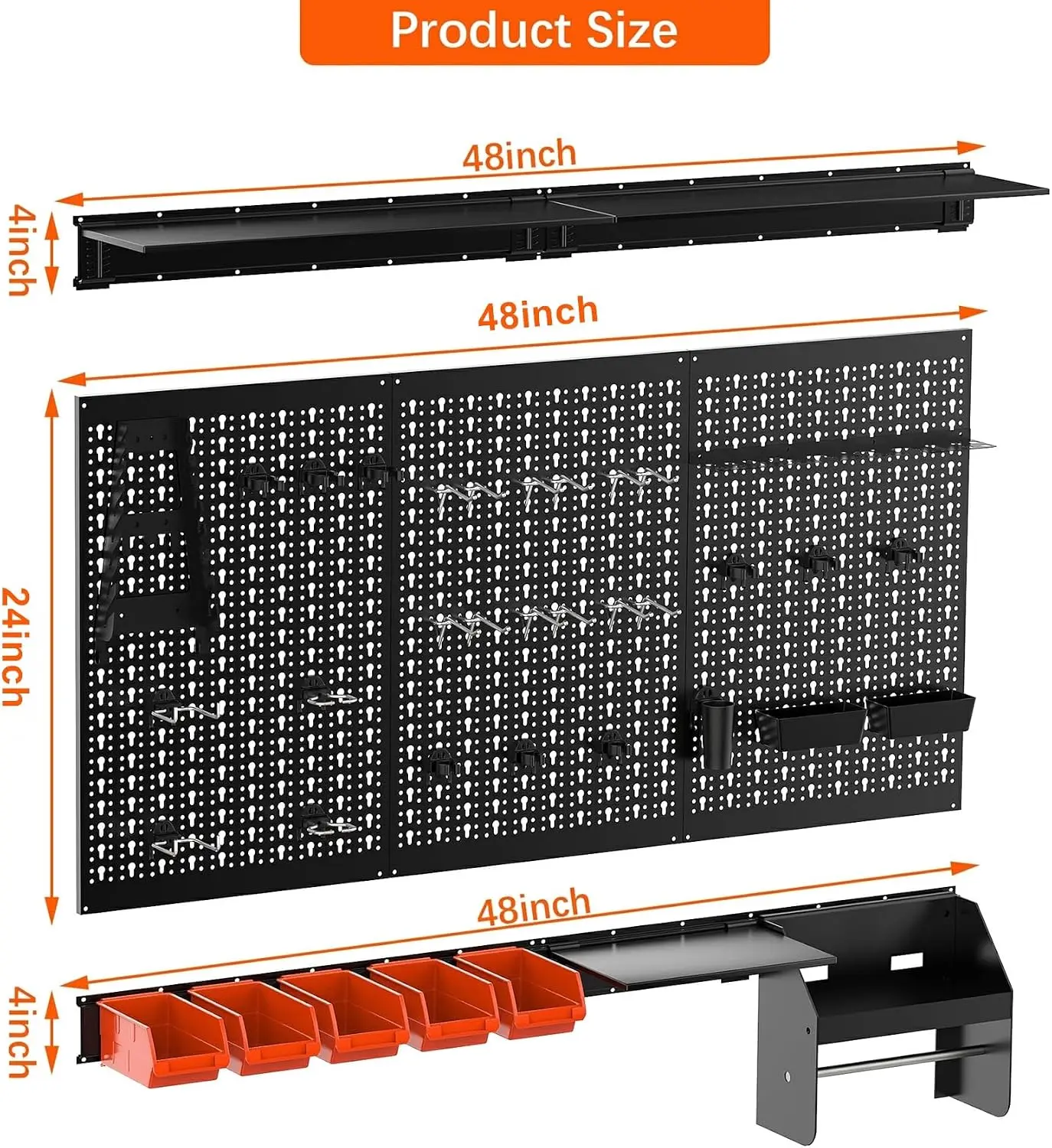 Metal Pegboard Wall Organizer Panel Kit, Garage Tool Storage Rack System, Heavy Duty Hanging Display Board With Utility Bins And Shelves For Workshop, Black, 46 Pieces Set