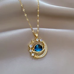 Exquisite Starry Sky Planet Light Luxurious Temperament Gorgeous Necklace Stars and Moon Versatile Stainless Steel Clavicle Chai