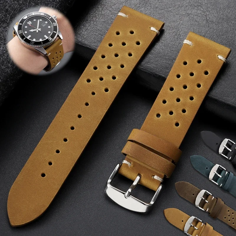 18mm 19mm 20mm 21mm 22mm 24mm Perforated Crazy Horse Leather Watch Strap Vintage Hand Stitched Breathable Cowhide Band for Omega