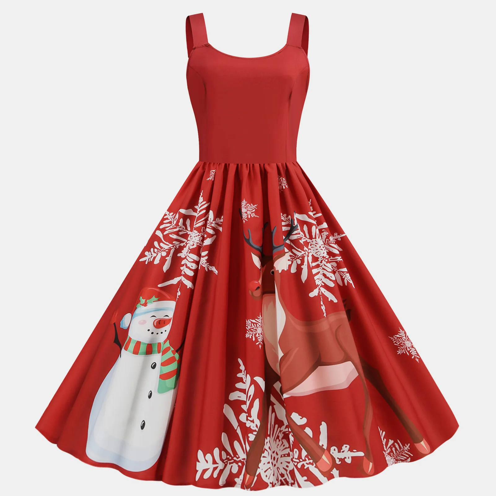 Santa Print Cocktail Party Dresses Vintage Hepburn Style Vintage Swing Skirt for Home Office Evening Party