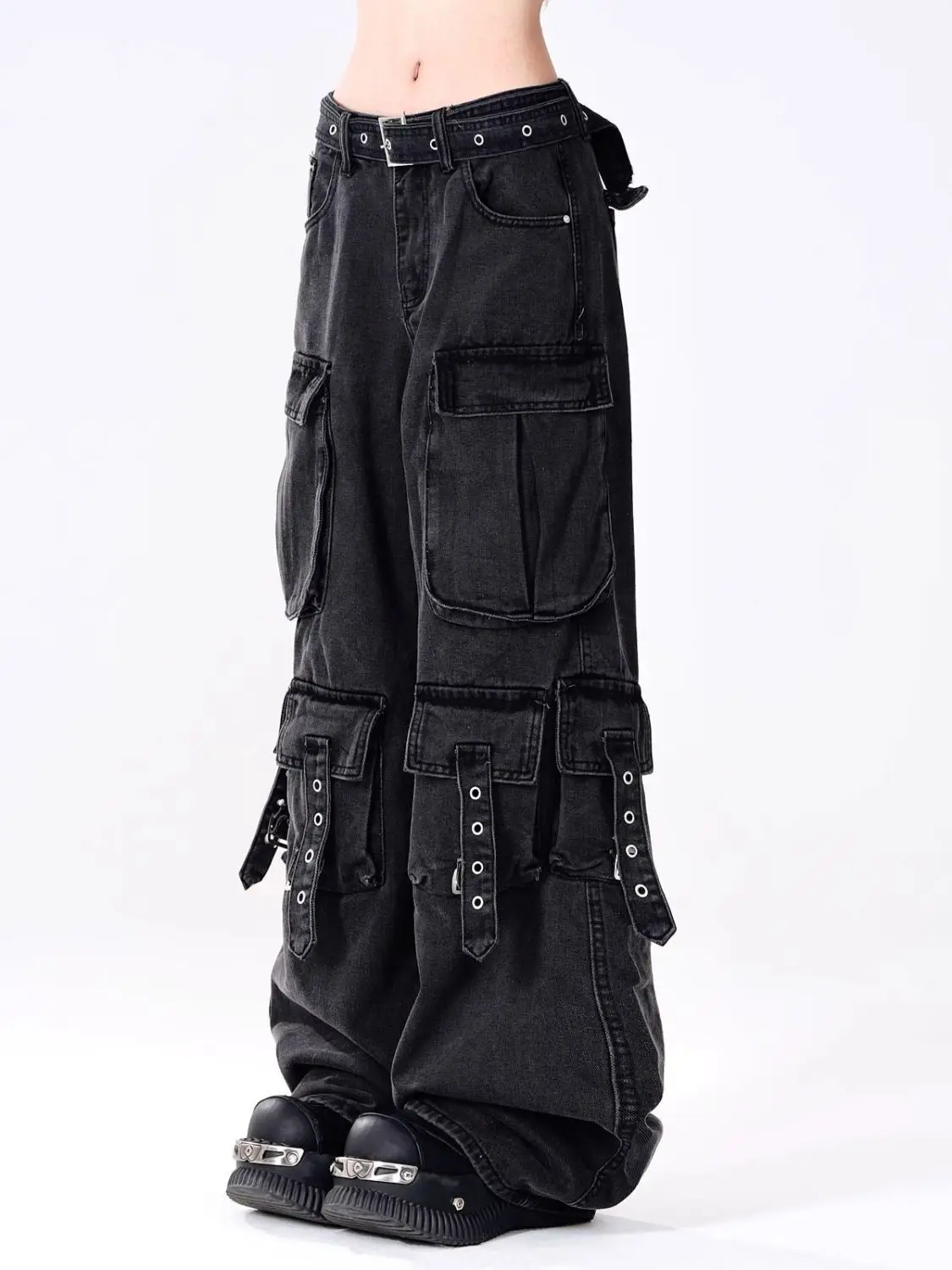 Y2K Black Cargo Pants for Women Straight Leg Jean Edgy Style Pocket Trousers Streetwear 2000s Aesthetic Grunge Pants Pantalones