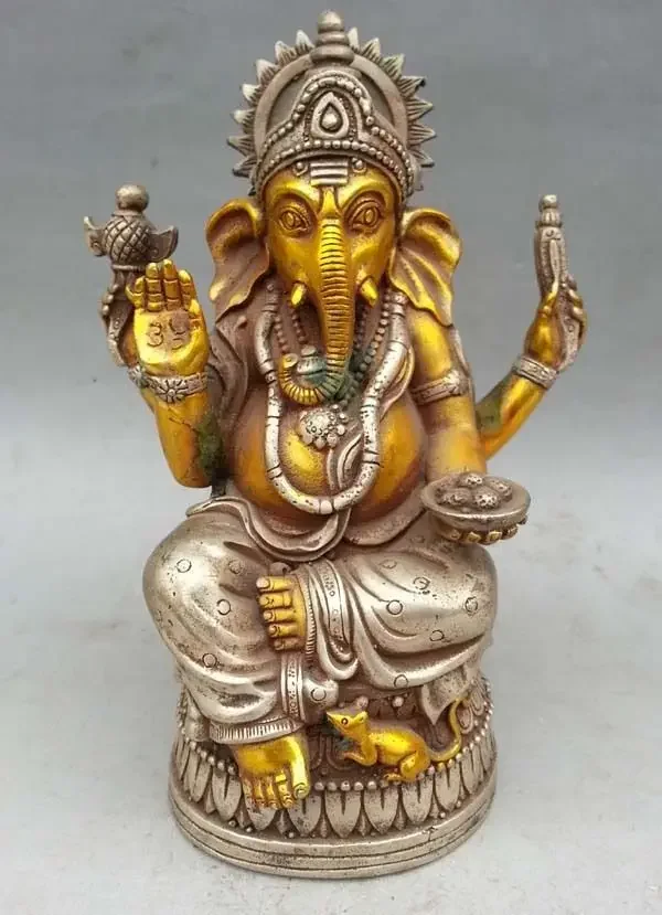 

6.7" Tibet Tibetan Gilt Silver Bronze Elephant Headed God Ganesh Statue