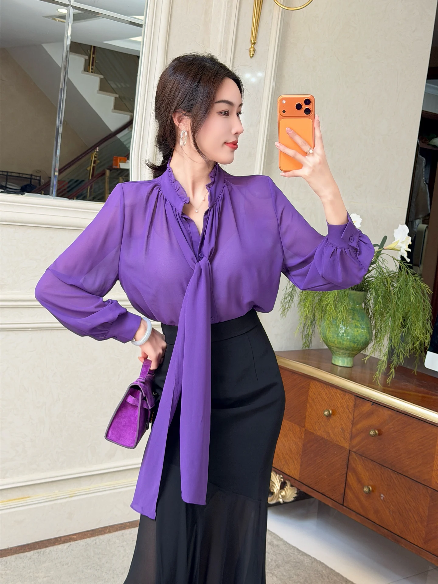 

Miss Fly 2026 Series Bowknot Design High-End Chiffon Shirt Women Commute Lantern Sleeve Top Slimming Pure Color Korean Style