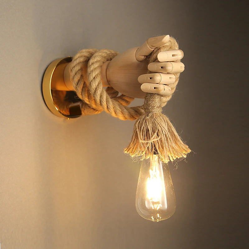 

Vintage Wood Hemp Rope Wall Lamps Fixture Retro Hallway Bedside Loft Light Luminaire Industrial American Decor Lighting Wooden