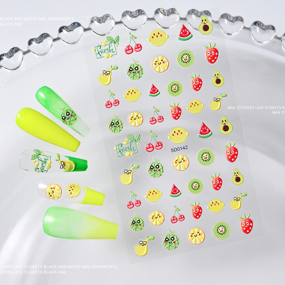 5D Fruit Embossed Nail Stickers Cherry Strawberry Watermelon Avocado Sliders Gel Polish Manicure Stickers Decoration 10*6cm