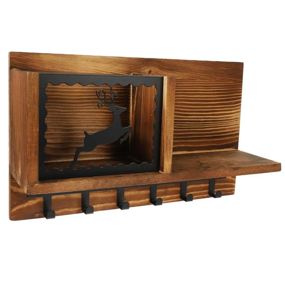Wooden Storage Hook Rack Rustic Style Sundries Organizer Storage Shelf Cartoon Fawn Space Saving Wall Hanging Shelf Home