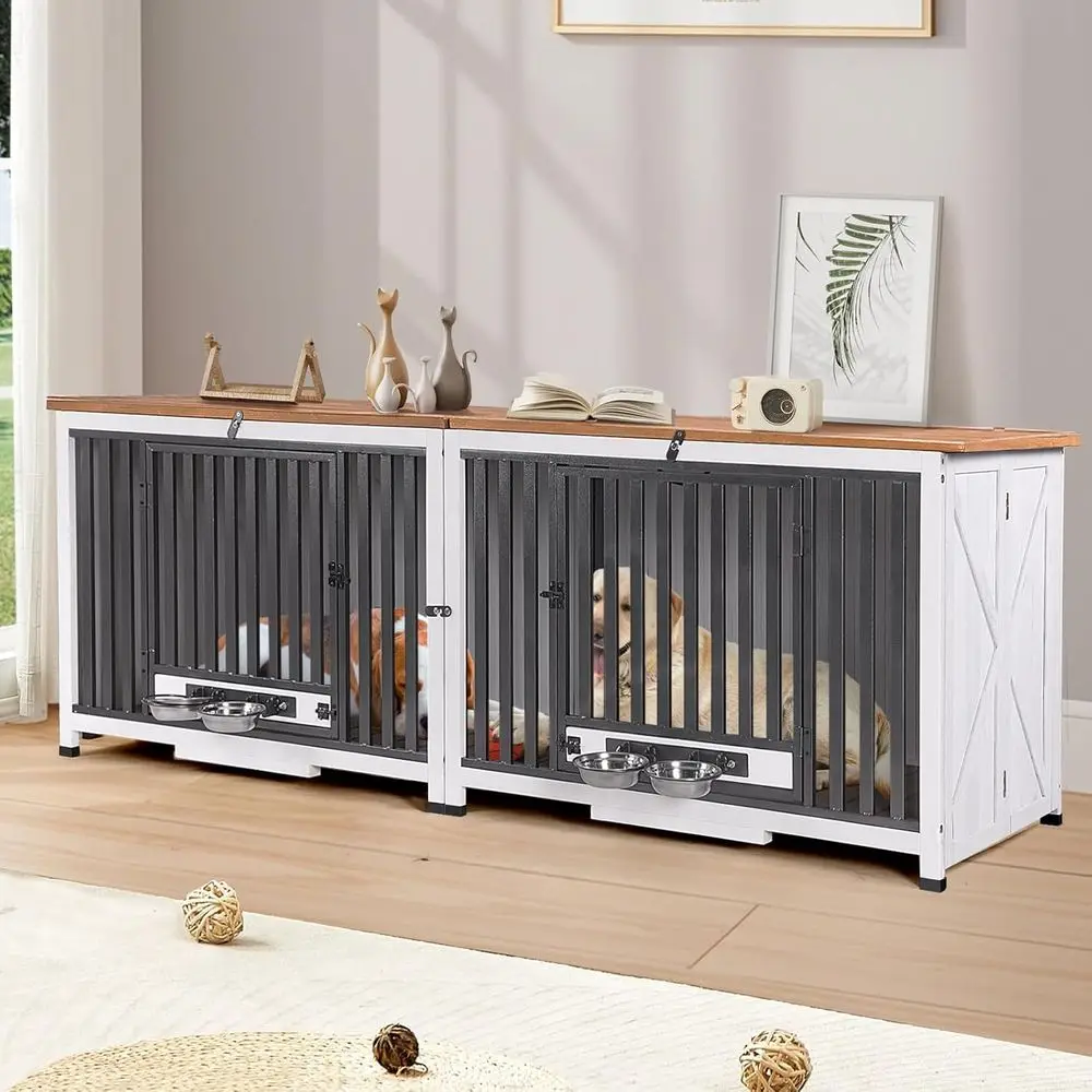 

Портативный большой ящик для собак со съемным подносом, миской и устойчивым к жеванию, для путешествий или использования в помещении (белый)