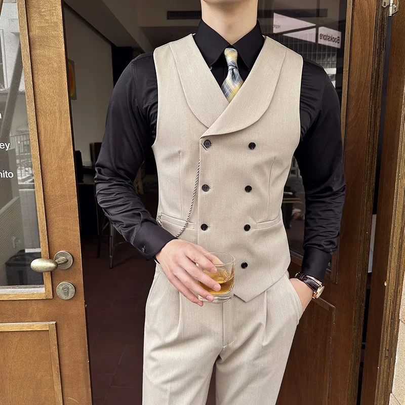 ( Vest + Pants) Men Luxury Double Breasted Design Suit Vest 2 pieces Formal Groom Wedding Dress Vest Set Fashion Club Clothing