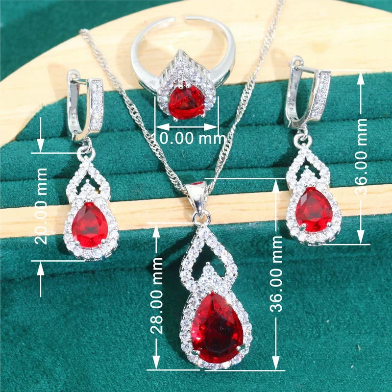 Droplet Shaped Silver 925 Jewelry Sets For Women Red Zircon Earrings Necklace Pendant Open Ring Bracelet Dating Dating Gifts