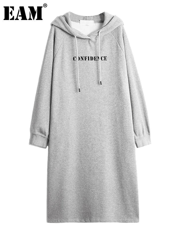 [EAM] Women Gray Letter Printed Big Size Long Dress New Hooded Long Sleeve Loose Fit Fashion Tide Spring Autumn 2024 1DE2987