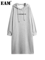 [EAM] Women Gray Letter Printed Big Size Long Dress New Hooded Long Sleeve Loose Fit Fashion Tide Spring Autumn 2024 1DE2987