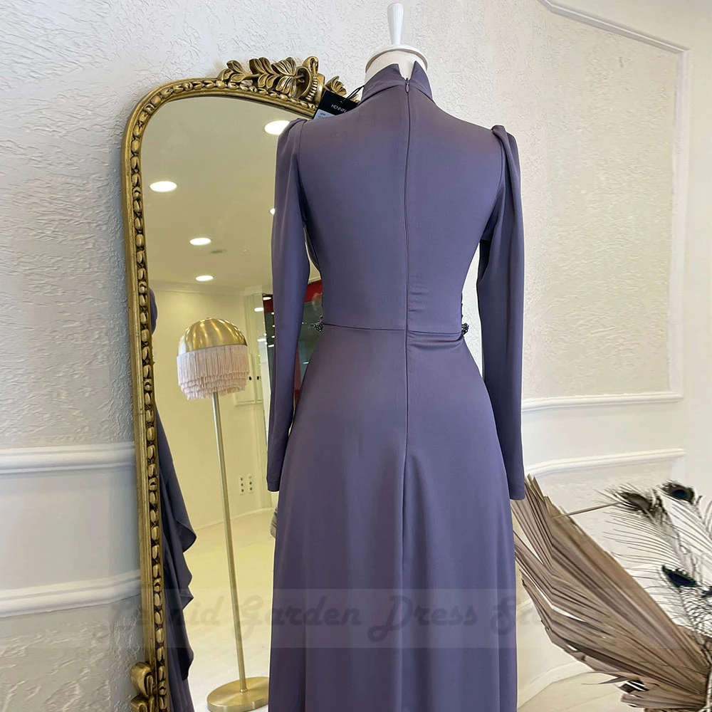 Purple Classic Evening Dresses for Women 2022 Floor Length Moroccan Caftan Elegant Full Sleeve High Neck Beading Robe De Soiree