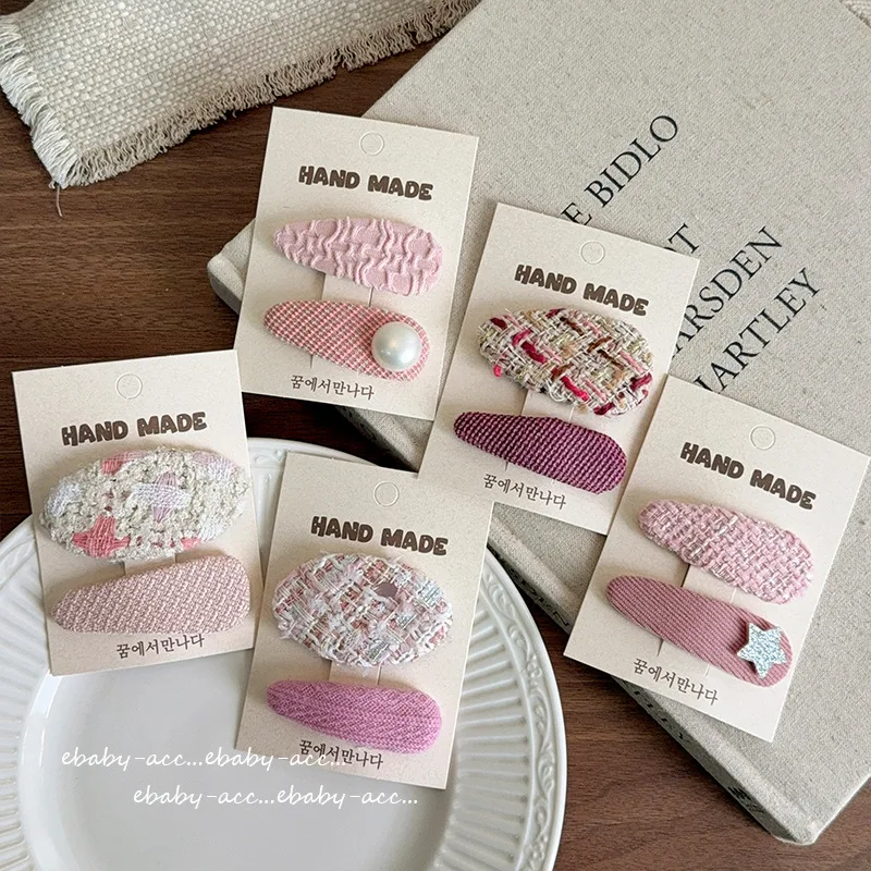 Hair Clips Girls Tweed Style Rose Pink Plaid Fabric Oval BB Clip Side Fringe Bangs 2 Pieces Cute Sweet Daily Party Travel