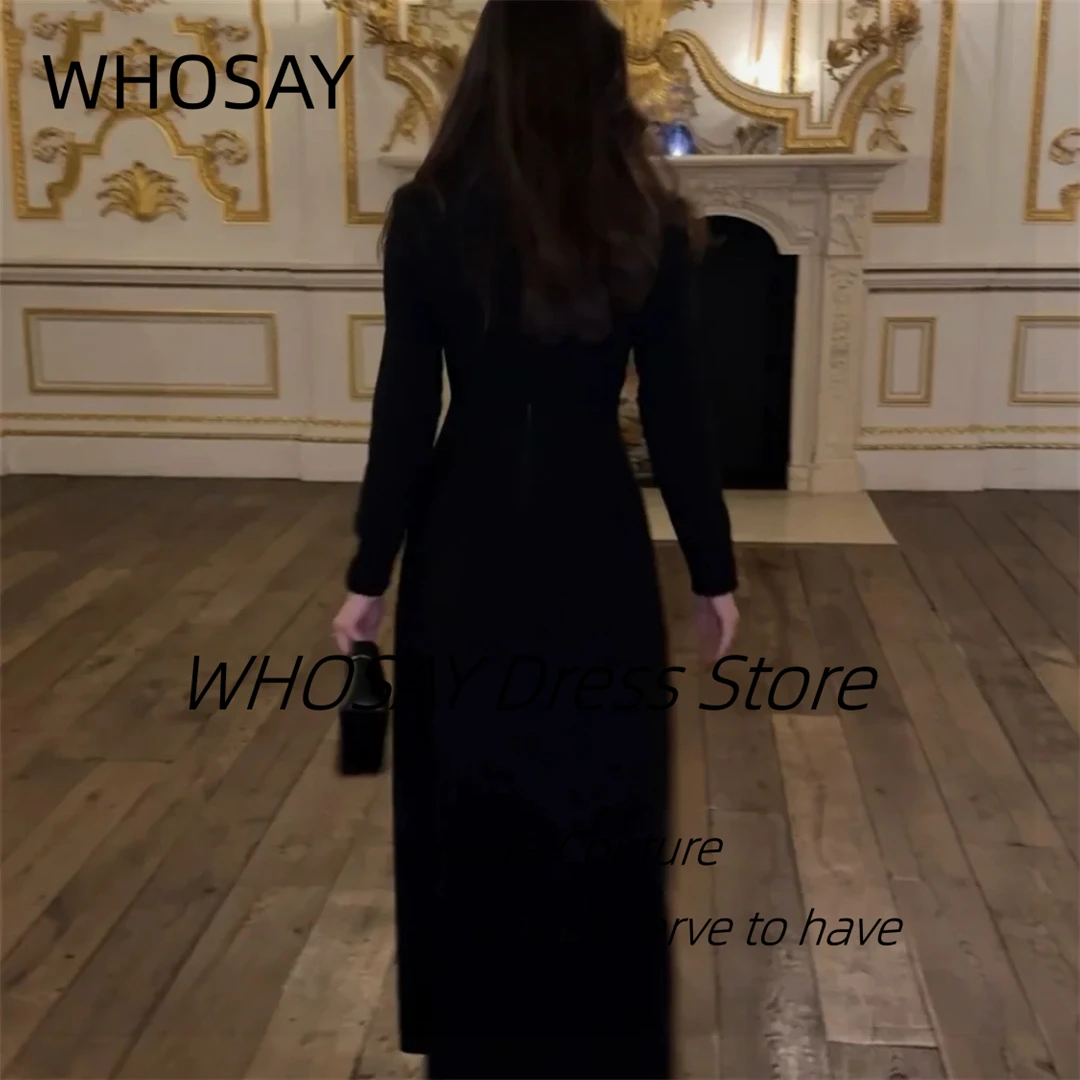 WHOSAY Black Satin Prom Dresses Customized Colorful Crystals Evening Gowns High Collar Long Sleeves Saudi Wedding Guests Dress