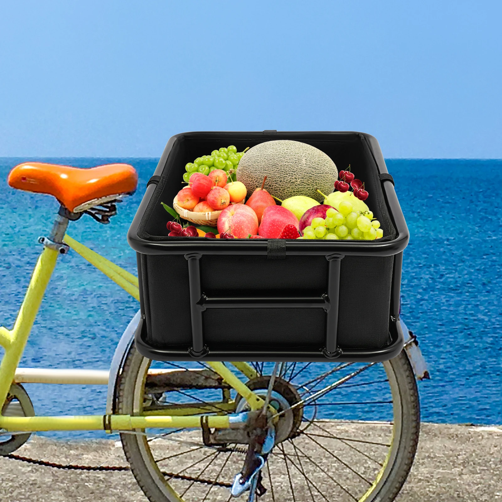 Gepäckträger-Drahtkorb für E-Bike und Fahrrad 45,6x32x15cm, mit Netzbeutel & Innenfutter, Robuster Hinterer Aufbewahrungskorb
