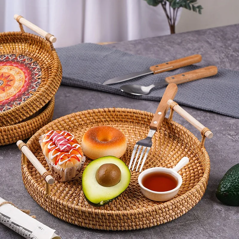 Round Rattan Serving Tray with Handles Coffee Table Decorative Tray Hand Woven Serving Basket Double Ear Bread Fruit Picnic Tray