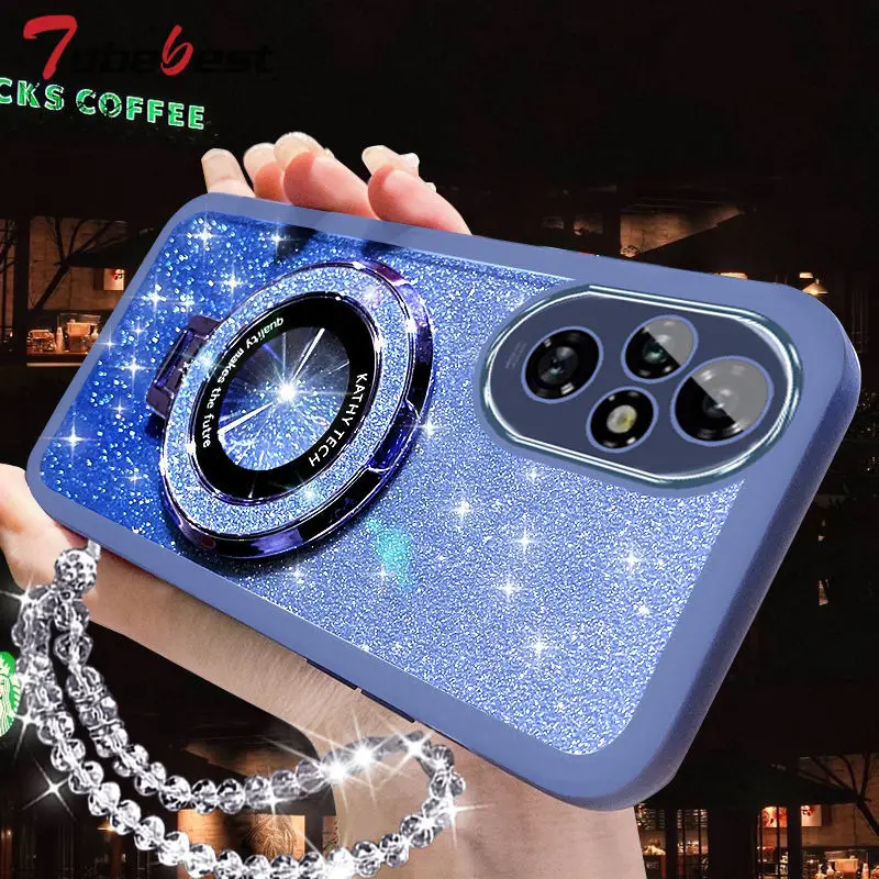 Glitter Crystal Bracelet Magsafe Phone Holder Case For Huawei Honor 200 100 90 80 70 60 Pro Lite GT Silicone Cover