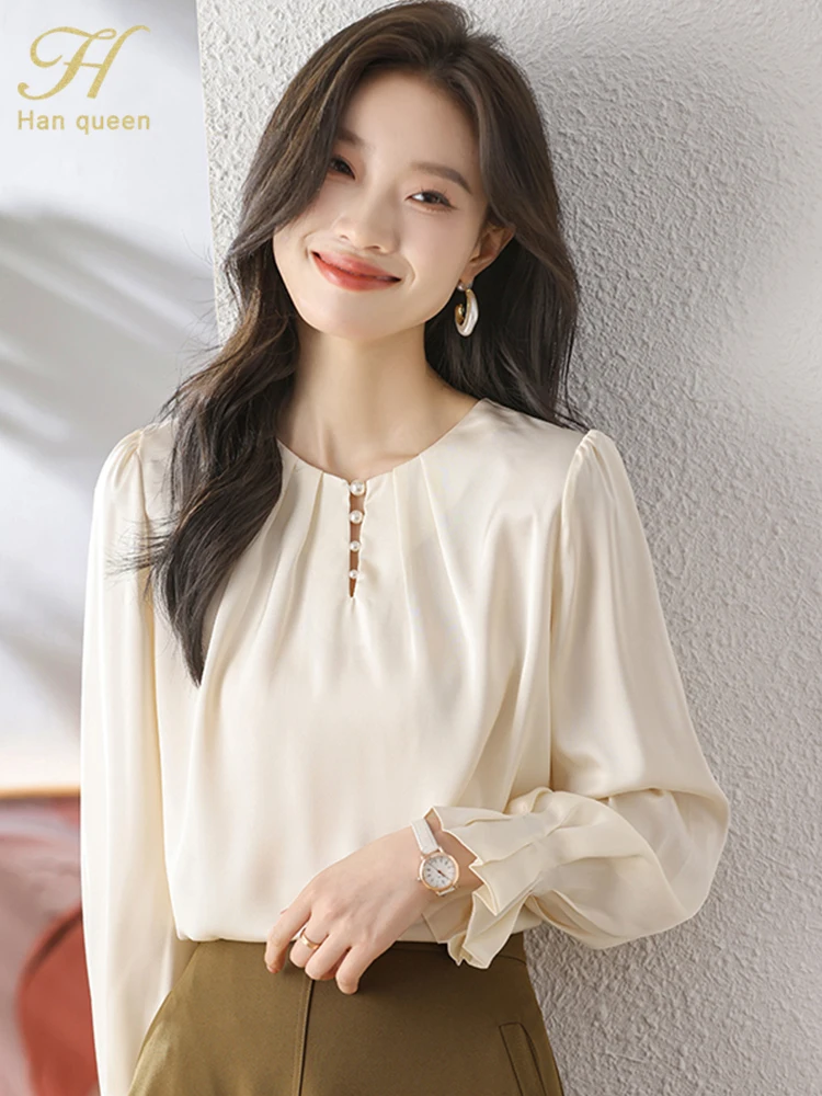 H Han Queen Spring Autumn Elegant Female Blouses Simple Office Lady Blouse Long Sleeve Tops Casual Korean OL Loose Blouses Women