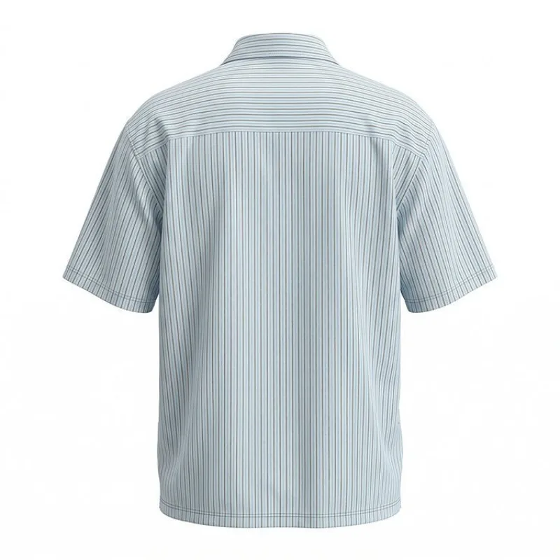

Men's fake two-piece V-neck vertical striped shirt summer elastic hem half-sleeve shirt youth fashion, fake two pieces